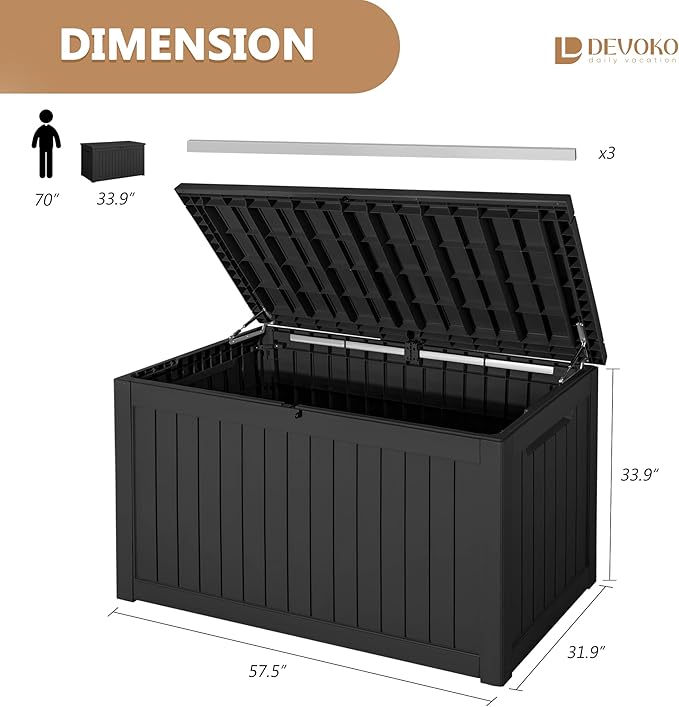 Devoko XXL 230 Gallon Resin Large Deck Box Waterproof Outdoor Storage Box Loackable for Patio Furniture Cushions and Garden Tools(230 Gallon, Black) - Image 2