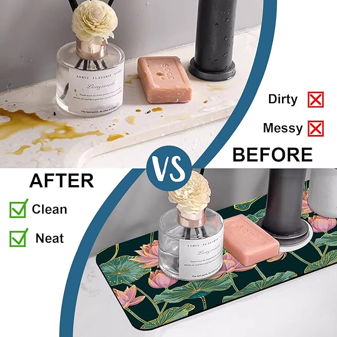 Lotus Pond Pattern Sink Splash Guard Faucet Mat Lotus Flowers Leaves Super - Image 6