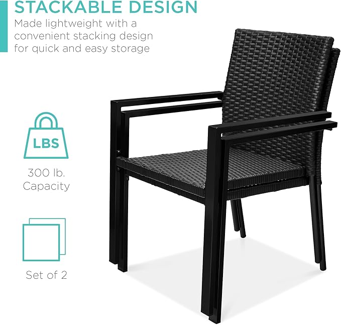 Best Choice Products Set of 2 Stackable Outdoor Wicker Dining Chairs All-Weather Firepit Armchair w/Armrests, Steel Frame for Patio, Deck, Garden, Yard - Black - Image 4