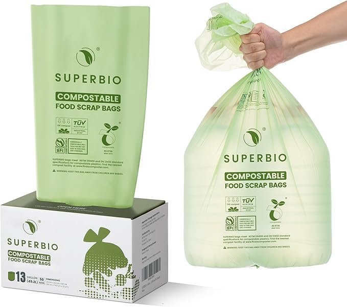 SUPERBIO 13 Gallon Compostable Kitchen Waste Bags, 1 Pack, Flat top Food Scrap by SUPERBIOCOMPOSTABLEBAGS