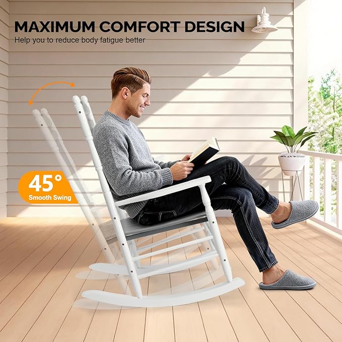 VINGLI Wooden Rocking Chair, Outdoor Chair with 450 lbs Support, Relaxing Rocker with Solid Wood High Back Seat Reclining Seat for Deck, Garden, Backyard, Porch (White & Grey, 1PC) - Image 5