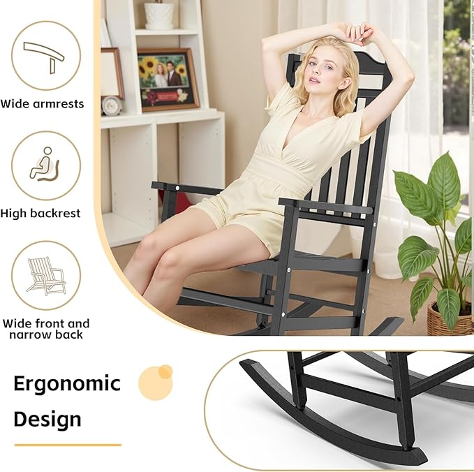 Patio Rocking Chair Outdoor Set of 2,Weather Resistant Poly Resin Oversized Porch Rocker,High Back Smooth Design,350lb Weight Capacity,Indoor Outdoor Use(2, Black) - Image 5