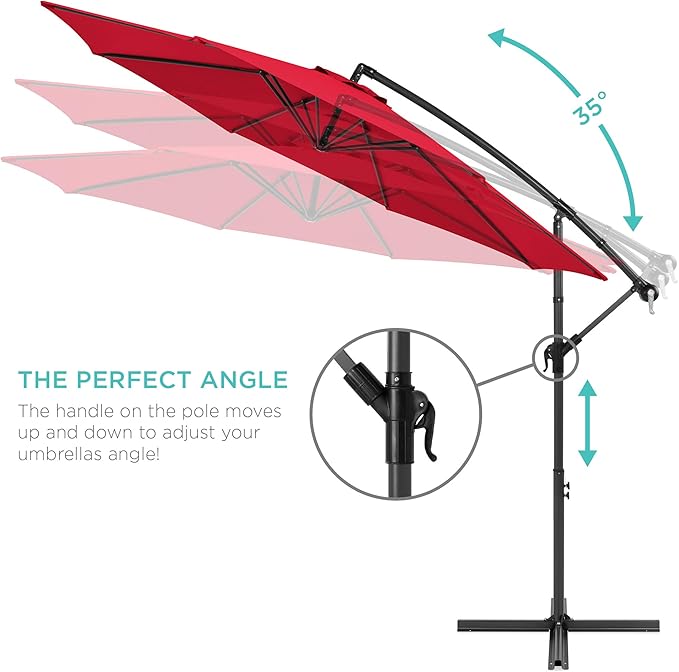 Best Choice Products 10ft Offset Hanging Market Patio Umbrella w/Easy Tilt Adjustment, Polyester Shade, 8 Ribs for Backyard, Poolside, Lawn and Garden - Red - Image 4