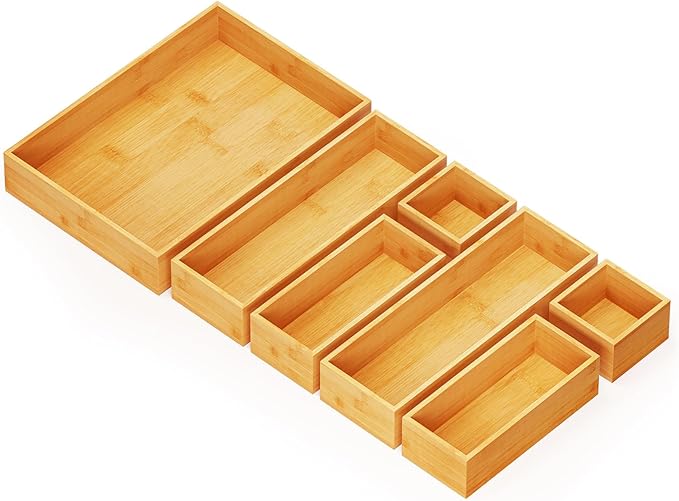 SpaceAid 7-Piece Bamboo Drawer Organizer Storage Boxes Set, Wood Tray Junk by SpaceAid