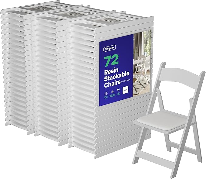 Simplex Furniture Modern White Resin Foldable Chair - Set of 72 Pack, Stackable, Indoor/Outdoor, Lightweight, Rental Grade, Foldable Chairs with Padded Seats by Simplex