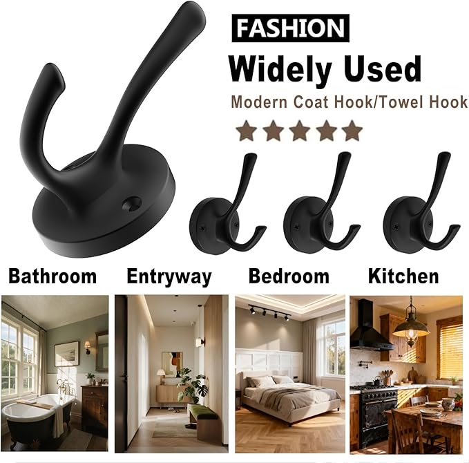 Black Wall Hooks Towel Hooks, 3 Pack Coat Hooks Robe Hook Heavy Duty Metal - Image 8