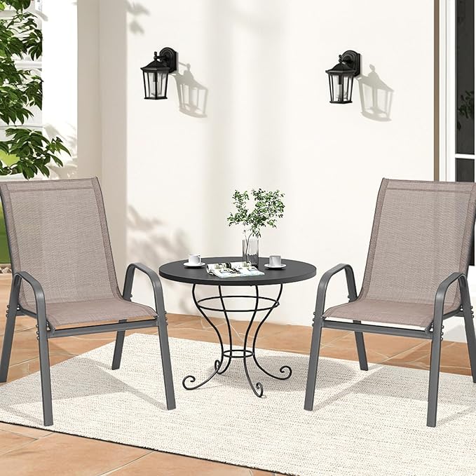 Patio Chairs Set of 2, Easily Set Up Stackable Outdoor Dining Chairs with High Back and Wide Seat, All Weather Breathable Outdoor Chairs Set of 2 with Metal Frame for Backyard Deck Pool, Brown - Image 2