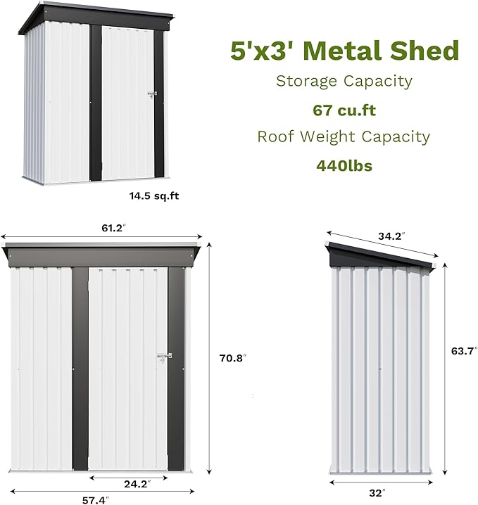 Patiowell 5x3 FT Outdoor Storage Shed, Garden Tool Shed with Sloping Roof and Lockable Door, Metal Shed for Backyard Garden Patio Lawn, White - Image 3