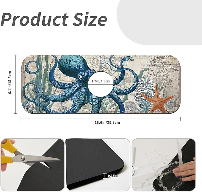 Kitchen Sink Splash Guard，Blue-octopus Faucet Mat Sink Gadgets-Super Absorbent - Image 3
