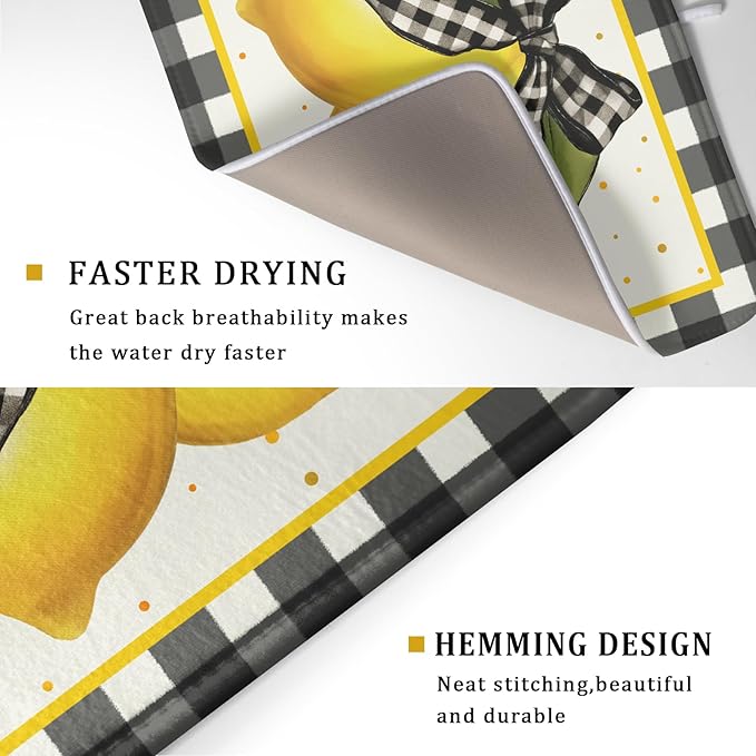 Lemon Dish Drying Mat for Kitchen Counter Spring Summer Black White buffalo - Image 3