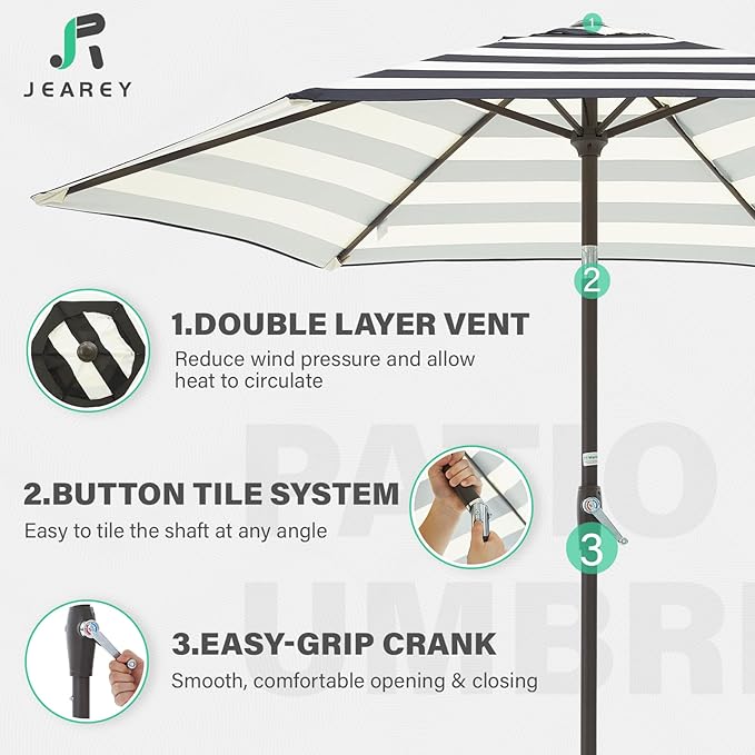 JEAREY 7.5FT Patio Umbrella Outdoor Market Umbrella with 6 Sturdy Ribs, Push Button Tilt/Crank Table Umbrella for Garden, Deck, Backyard and Pool, Beige & Black Stripe - Image 3