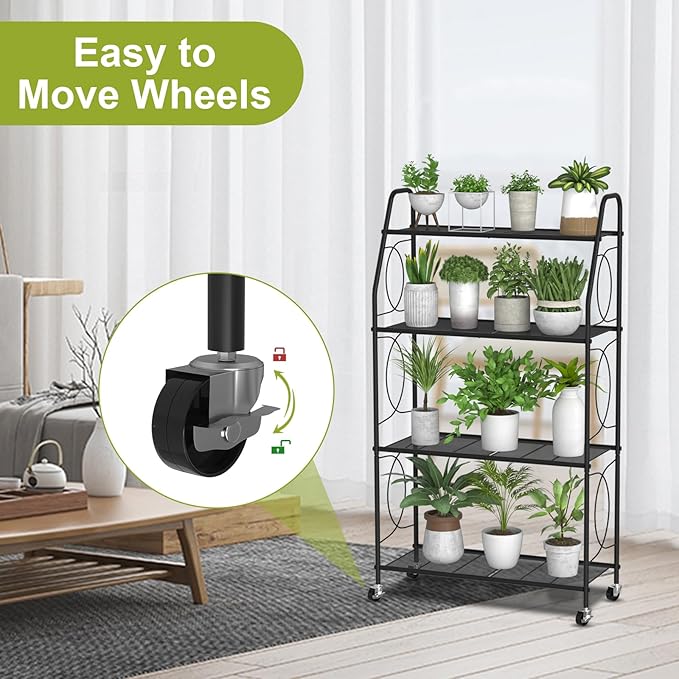 4 Tier Plant Stand with Wheels, Plant Shelf for Indoor Outdoor, Heavy Duty Metal Tall Plant Stands Holder Rack for Living Room Balcony and Garden, Black - Image 2