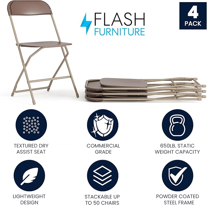 Flash Furniture Hercules Series Plastic Folding Chair - Brown - 4 Pack 650LB Weight Capacity Comfortable Event Chair-Lightweight Folding Chair - Image 3