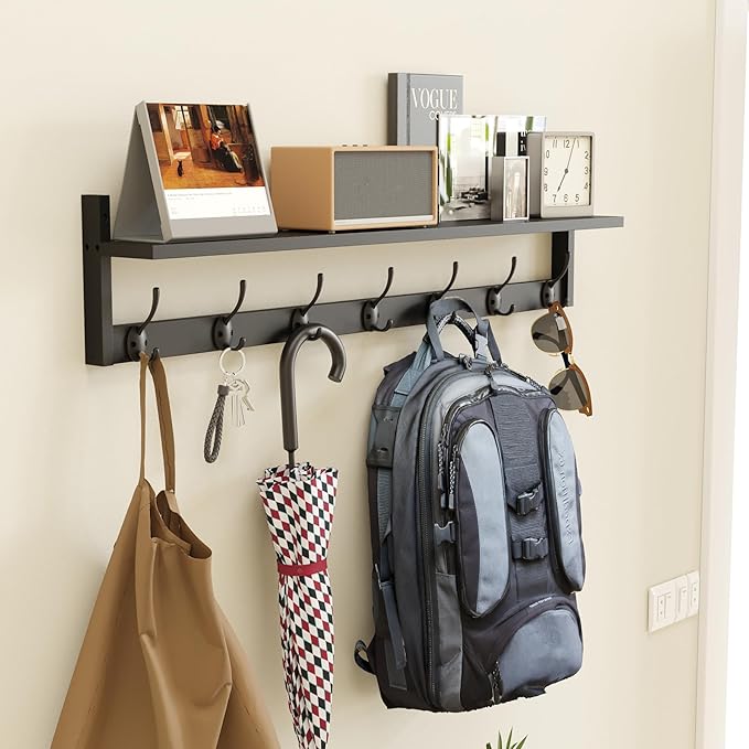 BAMEOS Wall Hooks with Shelf 35 Inch Length Entryway Hanging Shelf Wood Coat - Image 6