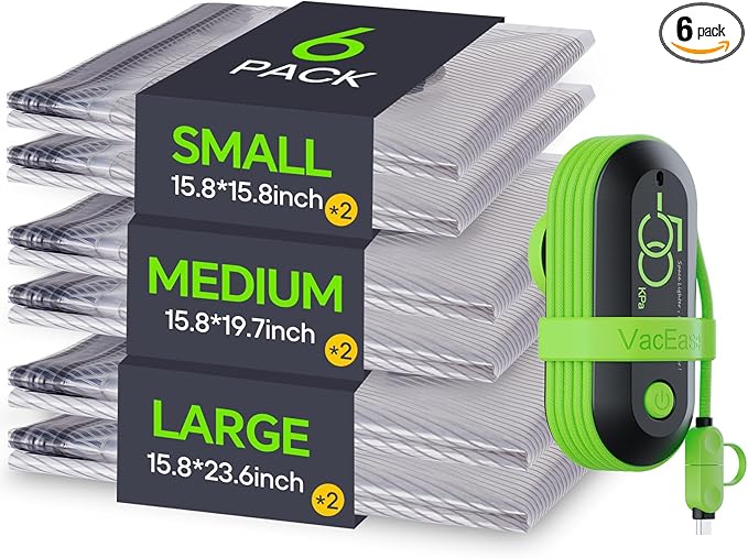 Vacuum Bags for Travel with USB Electric Pump, 6 Pack Carry-on Size Compression by Vacbird