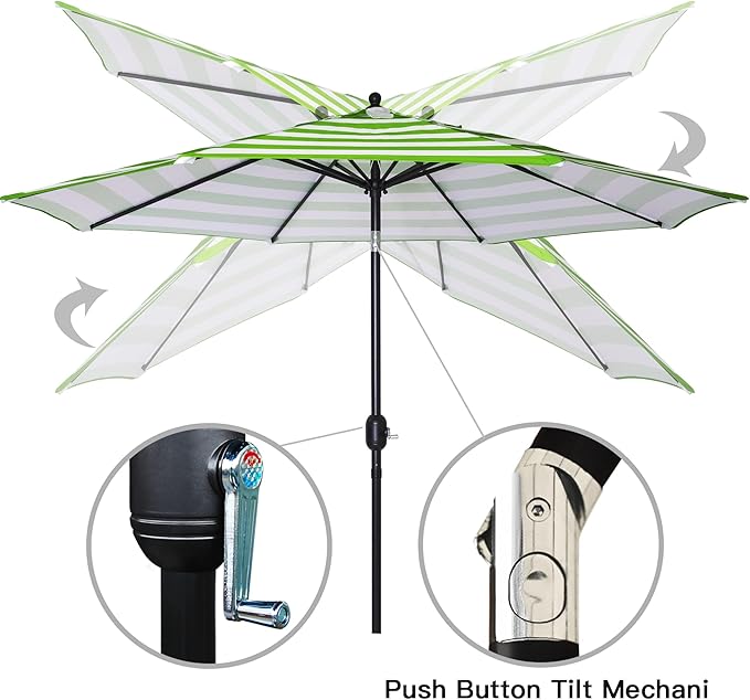 Sunnyglade 9' Patio Umbrella Outdoor Table Umbrella with 8 Sturdy Ribs (Grass Green and White) - Image 2