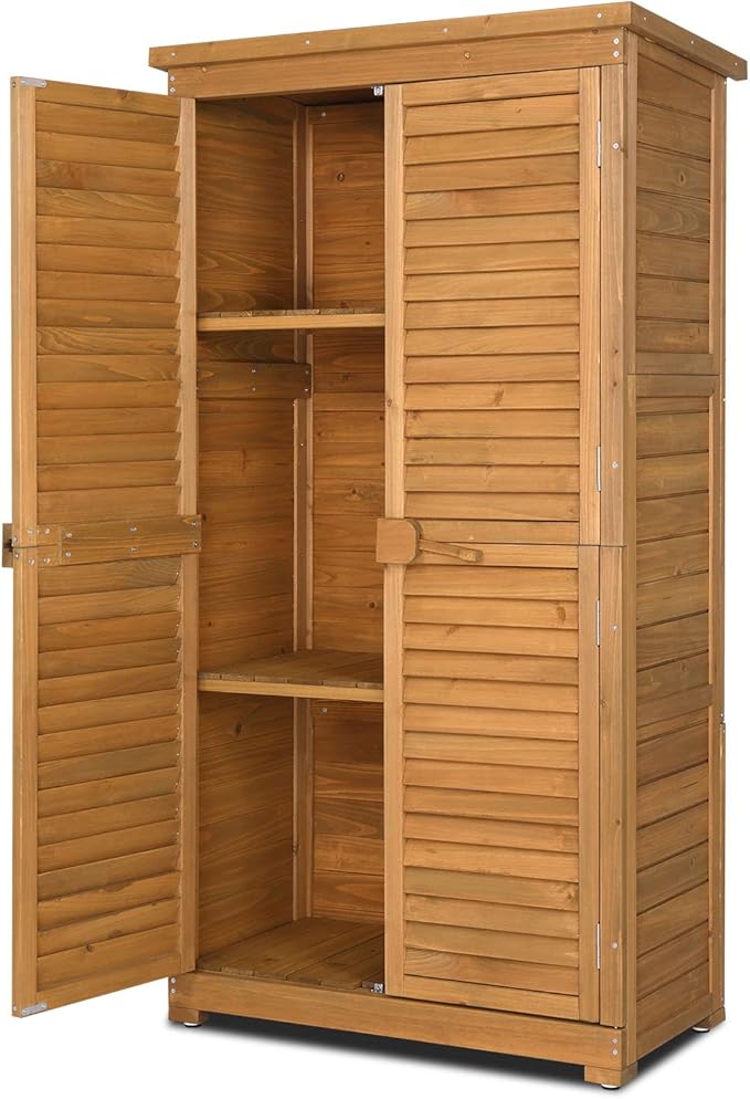 Outvita Outdoor Storage Cabinet, 63in Wooden Garden Tools Shed with 2 Lockable Doors, 3 Adjustable Shelves, Waterproof Roof for Yard Garge Patio Deck Porch, Natural by Outvita