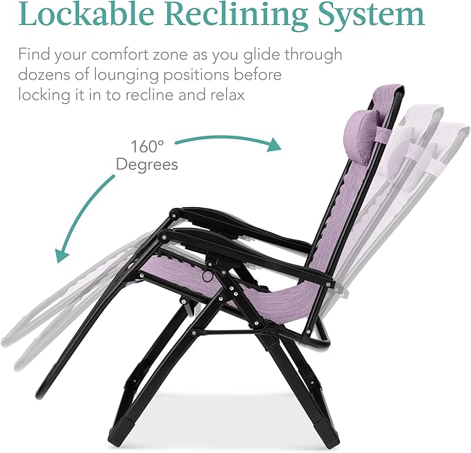 Best Choice Products Oversized Zero Gravity Chair, Folding Outdoor Patio Recliner, XL Anti Gravity Lounger w/Removable Cushion, Cup Holder, Side Tray, 350lb Capacity - Lavender - Image 6