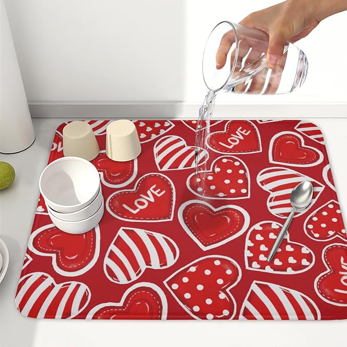 Valentines Day Dish Drying Mat for Kitchen Counter Red Polka Dot Stripe Love - Image 6