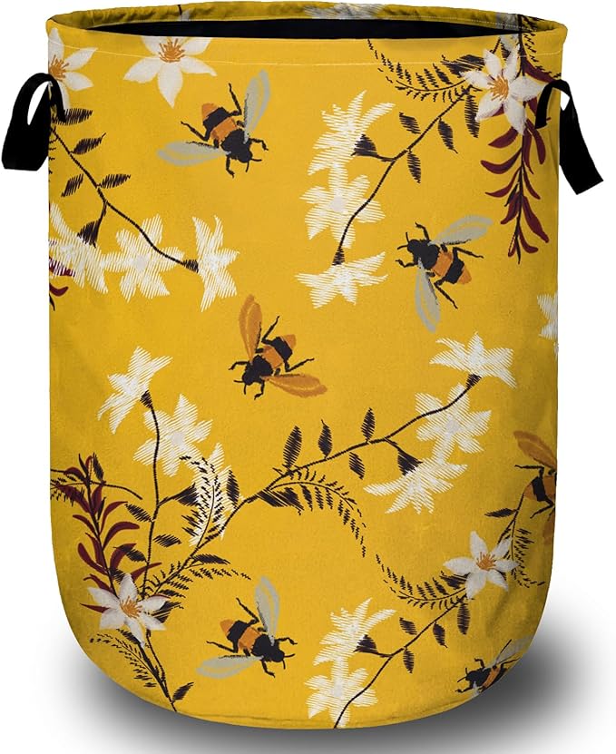 Bee Flower Laundry Basket, Spring Floral Laundry Hamper Collapsible Oxford Cloth by ANTJOO