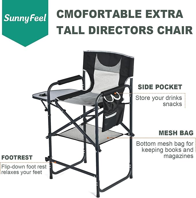 SUNNYFEEL Tall Camping Directors Chair, Portable Folding Artist Makeup Chair with Side Table, Pocket, Footrest, Heavy Duty for Beach,Trip,Picnic,Concert Outdoor Foldable Camp Lawn Chairs - Image 7