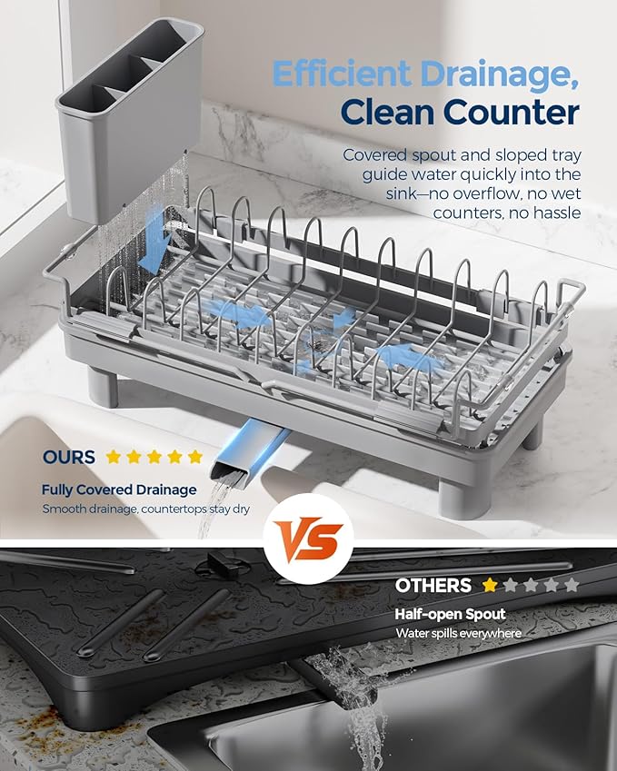 Nacial 2-in-1 Small Dish Drying Rack Fits 14''–21.8'' Sink, Dish Drainers - Image 5