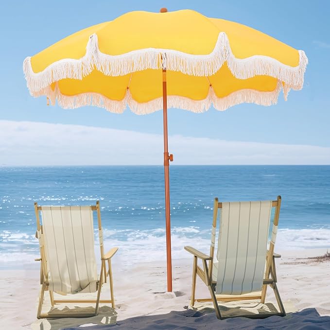 PHI VILLA 7ft Beach Umbrella with Fringe & Sand Anchor, Outdoor Patio Heavy Duty Windproof Portable Tassel Umbrellas for Sand with Push Button Tilt & Carrying Bag, UPF 50+, Yellow by PHIVILLAThepioneerofcomfortablehouseholdsupplies