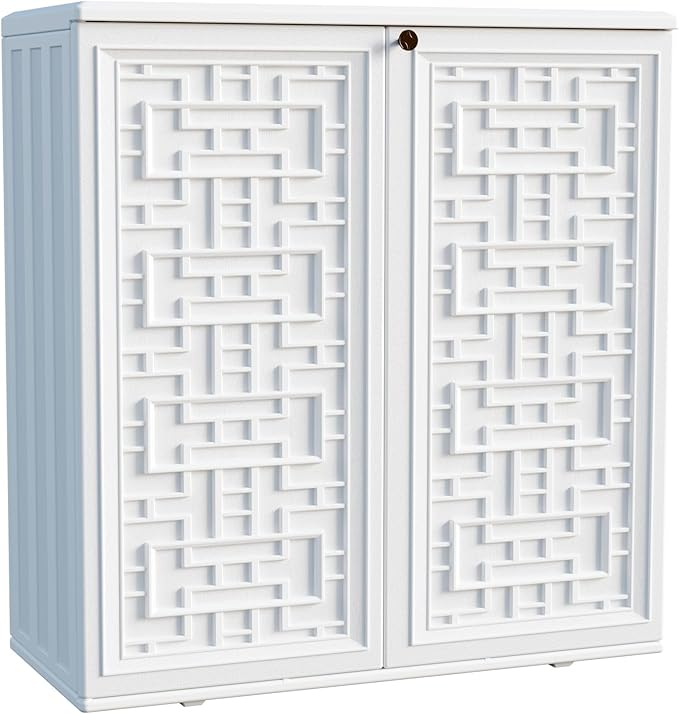 Indoor Outdoor Storage Cabinet Waterproof with Shelf, Off White Plastic Outdoor Cabinets for Patio/Garden/Backyard, Size 34.3''L*15''W*36.2''H by Mrosaa