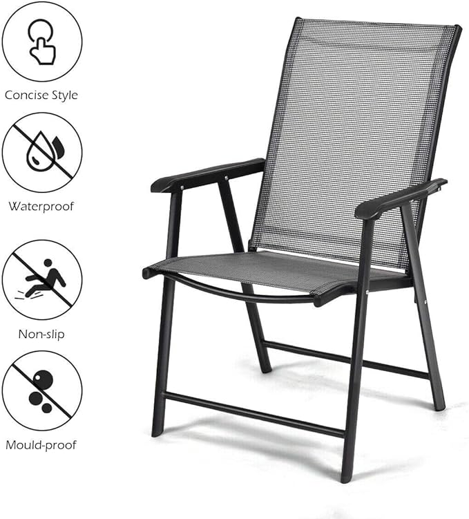 Giantex Set of 2 Patio Folding Chairs, Outdoor Chairs with Armrest, Portable Dining Chairs for Porch Camping Pool Beach Deck Lawn Garden, 2-Pack Patio Sling Chairs, Metal Frame, Grey - Image 6