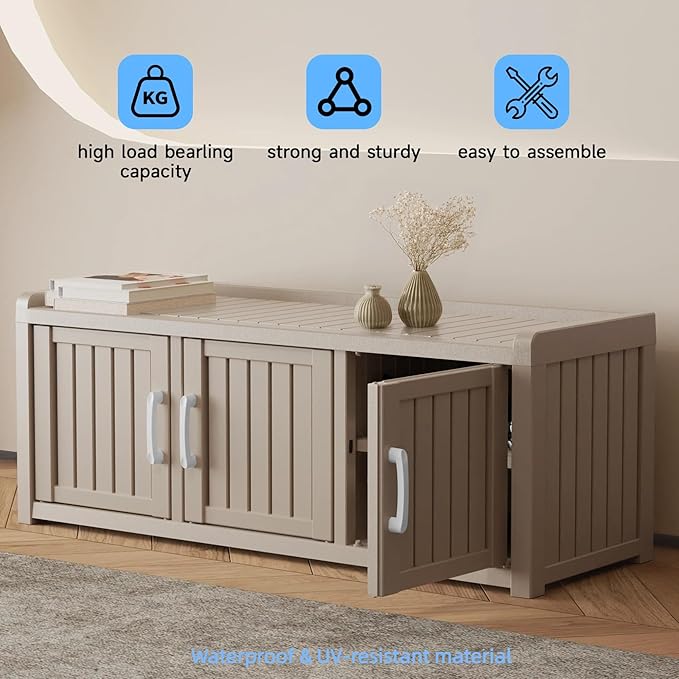 3 Doors Shoe Bench, Waterproof & UV-Resistant, Resin Shoe Cabinet Indoor & Outdoor Use, Entryway Bench with Adjustable Shelves & Hidden Storage Space for Bedroom, Hallway, Grey - Image 4