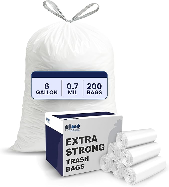 Plasticplace 4 - 6 Gallon White Drawstring Bags, 100% Prime Material, 0.7 Mil by Plasticplace