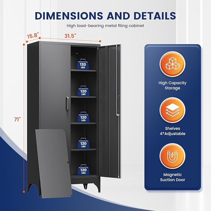 Yizosh Metal Garage Storage Cabinet with 2 Doors and 4 Adjustable Shelves - 71" Steel Lockable File Cabinet,Locking Tool Cabinets for Home,Office,Garage,Gym,School - Image 3