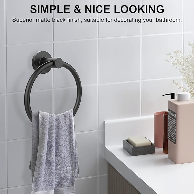 SetSail Towel Holder for Bathroom Wall Matte Black Towel Ring Stainless Steel - Image 6