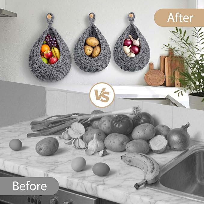 Hanging Fruit Baskets for Kitchen, 3 Pack Boho Cotton Rope Handwoven Vegetable - Image 4
