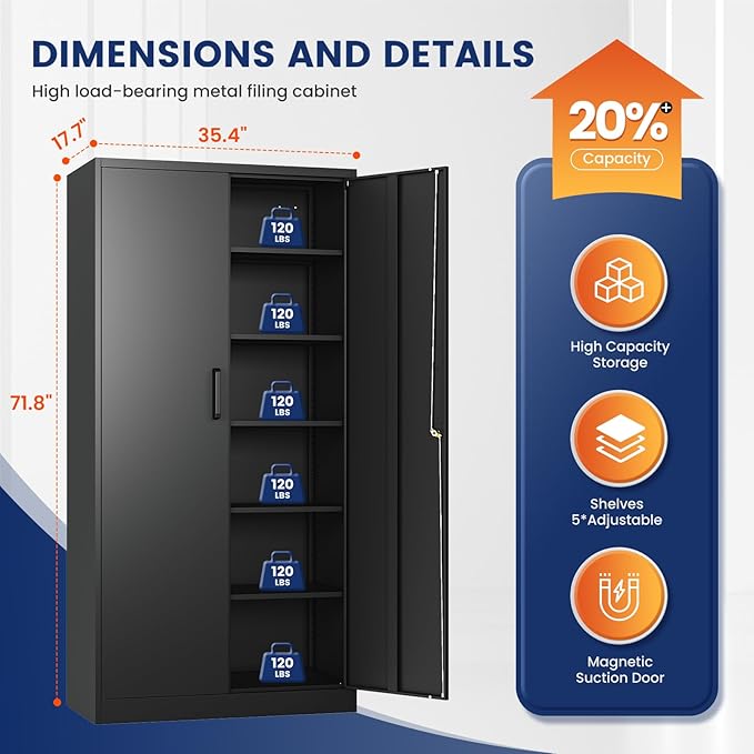 Yizosh Metal Storage Cabinet with Lock - 72" Garage Storage Cabinet with 2 Locking Doors and 5 Adjustable Shelves, Black Steel Lockable for Office,Home,Garage - Image 3