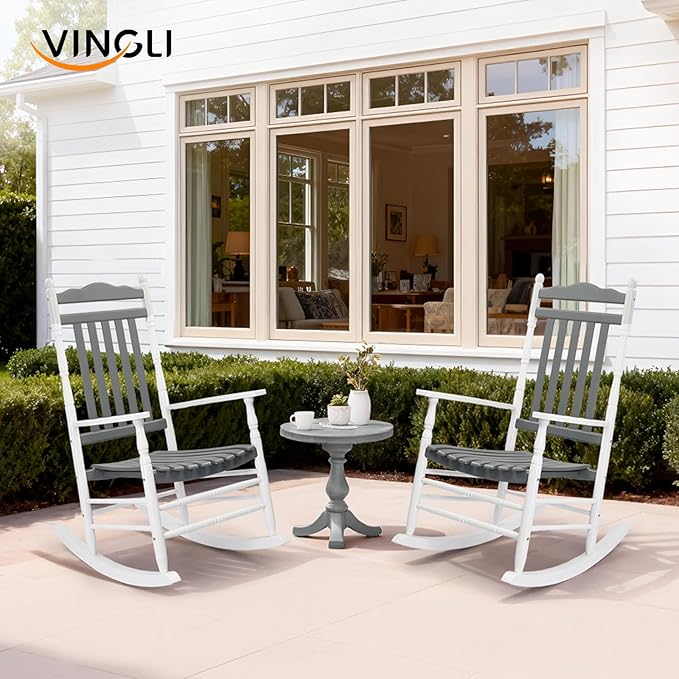 VINGLI Wooden Rocking Chair, Outdoor Chair with 450 lbs Support, Relaxing Rocker with Solid Wood High Back Seat Reclining Seat for Deck, Garden, Backyard, Porch (White & Grey, 1PC) - Image 2