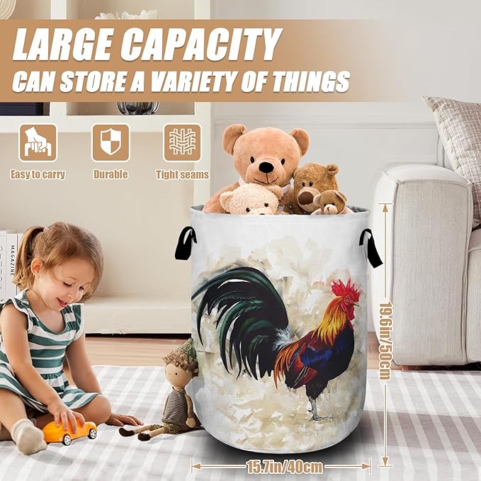Vintage Rooster Laundry Basket, Farm Chicken Laundry Hamper Tote Bag Dirty - Image 2