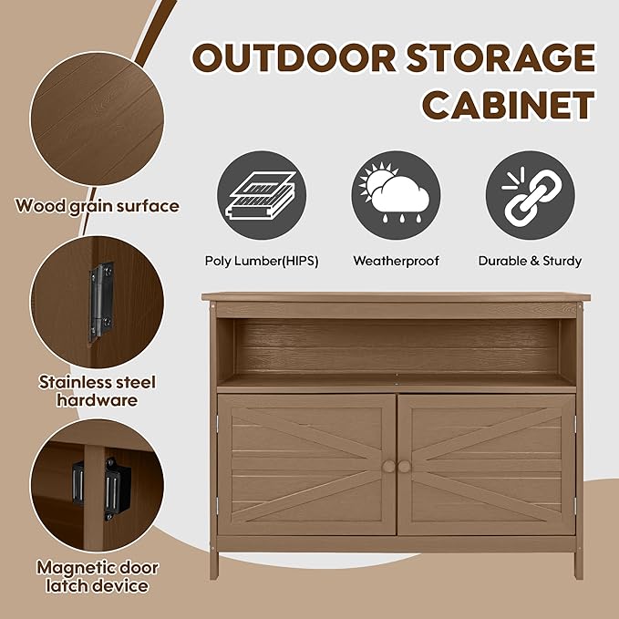 HIPS All-Weather Outdoor Storage Cabinet,Outdoor Sideboard with Magnetic Doors,3-Shelves Patio Storage Cabinet, Used for Garden,Buffet Cabinet,TV Stand, Bar Table,Balcony - Image 4