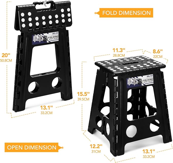 Delxo 16 Inch Folding Step Stool,Foldable Stool for Adults with Safety Lock,Portable Collapsible Plastic Stepstool,Non Slip Folding Stools for Kitchen Bathroom Bedroom Up to 400LBS,(Black 1PC) - Image 7