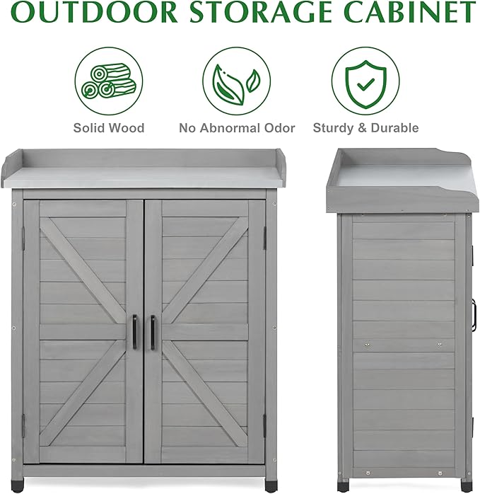 Outdoor Storage Cabinet & Potting Bench Table with Metal Top, Wooden Patio Furniture, Garden Workstation (Classic Grey, 39x31.5x17in) - Image 4