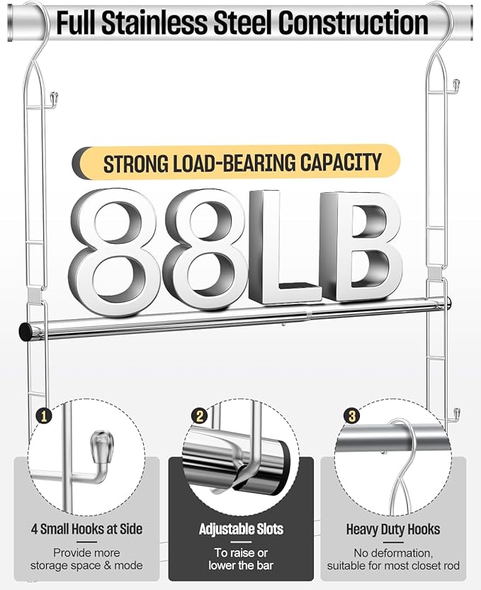 Hanging Closet Rod Stainless Steel, 1 Pack Adjustable Height & Width Closet Rod - Image 4