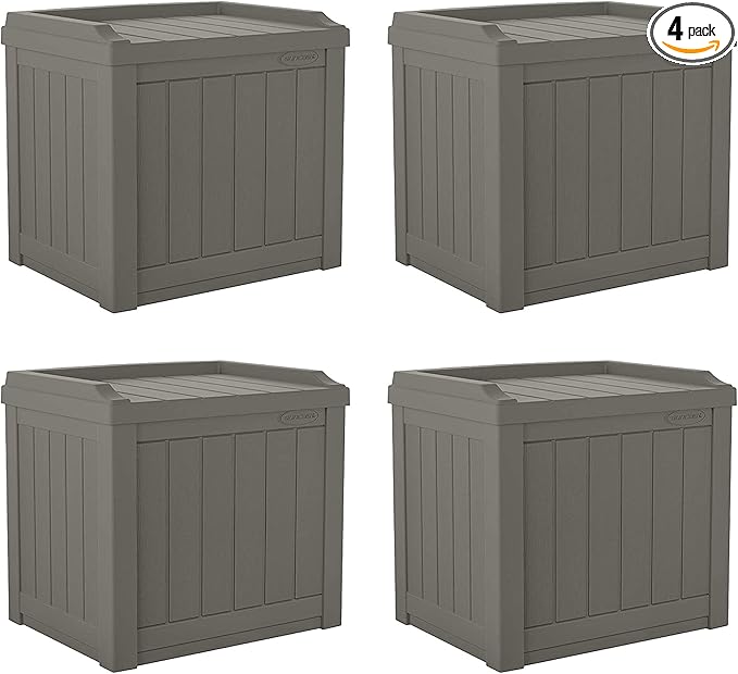 Suncast 22 Gallon Indoor or Outdoor Backyard Patio Small Storage Deck Box with Attractive Bench Seat and Reinforced Lid, Stone (4 Pack) by Suncast