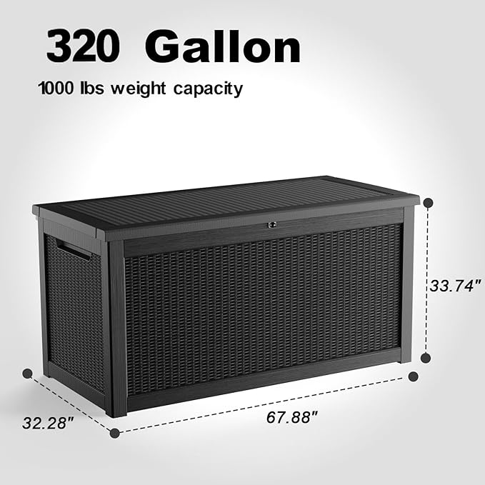 ROJIK Outdoor Storage Housing Deck Box,Waterproof Patio Furniture, Garden Tools, Cushions, Pool Accessories Storage Bench with Lockable Lid and Side Handles (Black,320 Gallon) - Image 2
