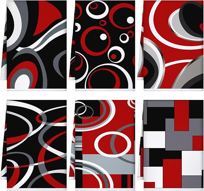 Boyiee Set of 6 Red Black Grey White Kitchen Towels Modern Geometric Dish Hand by Boyiee