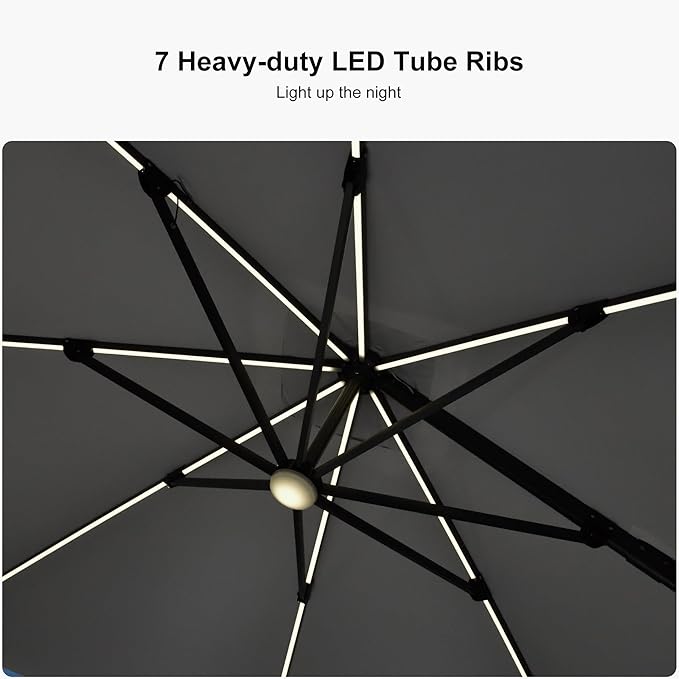 PURPLE LEAF 10 Feet Patio Umbrella with Base Outdoor Cantilever Solar Powered LED Square Umbrella Aluminum Offset Umbrella with 360-degree Rotation for Garden Deck Pool Patio Light Grey - Image 5