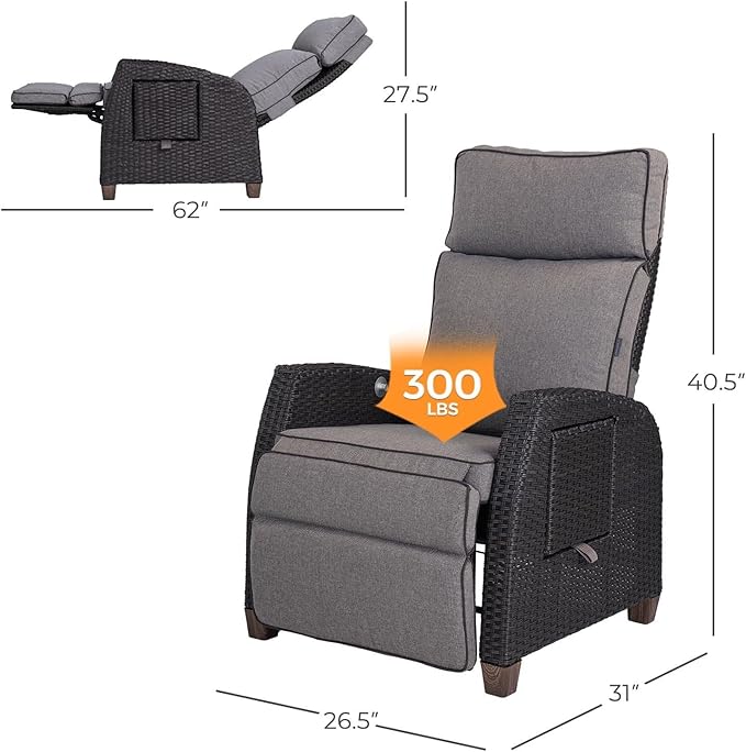 Grand patio Outdoor Reclining Chairs with Extended Footrest 2-Piece Adjustable WickerPatio Lounge Recliner up to 15 with Flip Side Table, Cool Grey - Image 2