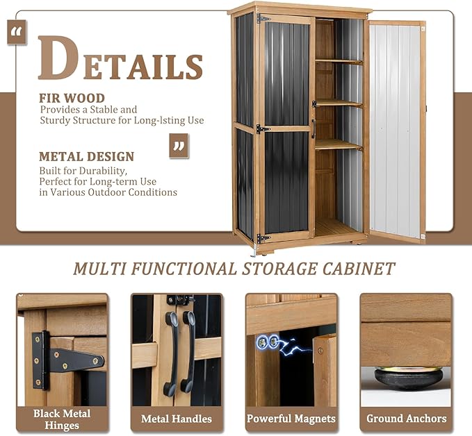 PetsCosset Outdoor Storage Cabinet, Wood & Metal Storage Shed with Weather-Resistant Roof, Removable Shelves, Lockable Doors, Outside Storage Tool Organizer for Garden, Patio, Backyard, Garage, Pool - Image 4