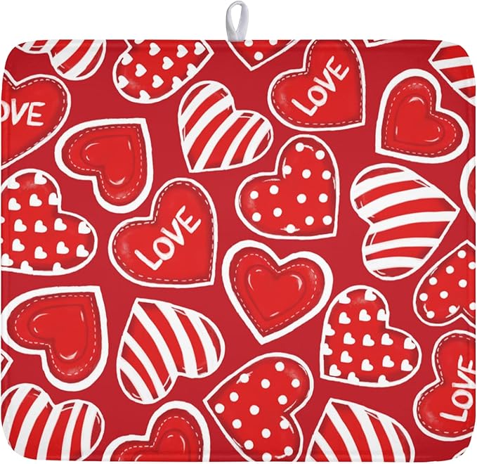 Valentines Day Dish Drying Mat for Kitchen Counter Red Polka Dot Stripe Love by Kawani