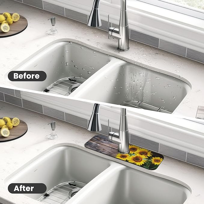 Kitchen Sink Splash Guard Faucet Mat Board Vintage Sunflowers 15"x5.5" - Image 4