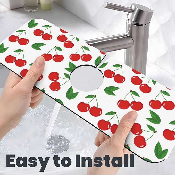Fruit Cherry Red Cherries Leaves Leaf White Kitchen Sink Splash Guard Faucet - Image 6